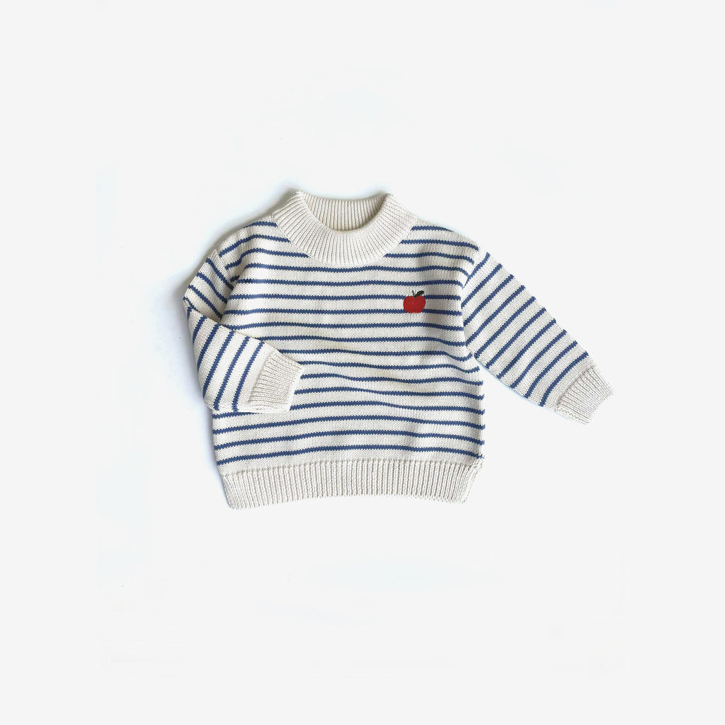 Organic Cotton Knit Jumper - Navy Stripe with Apple - The Rest