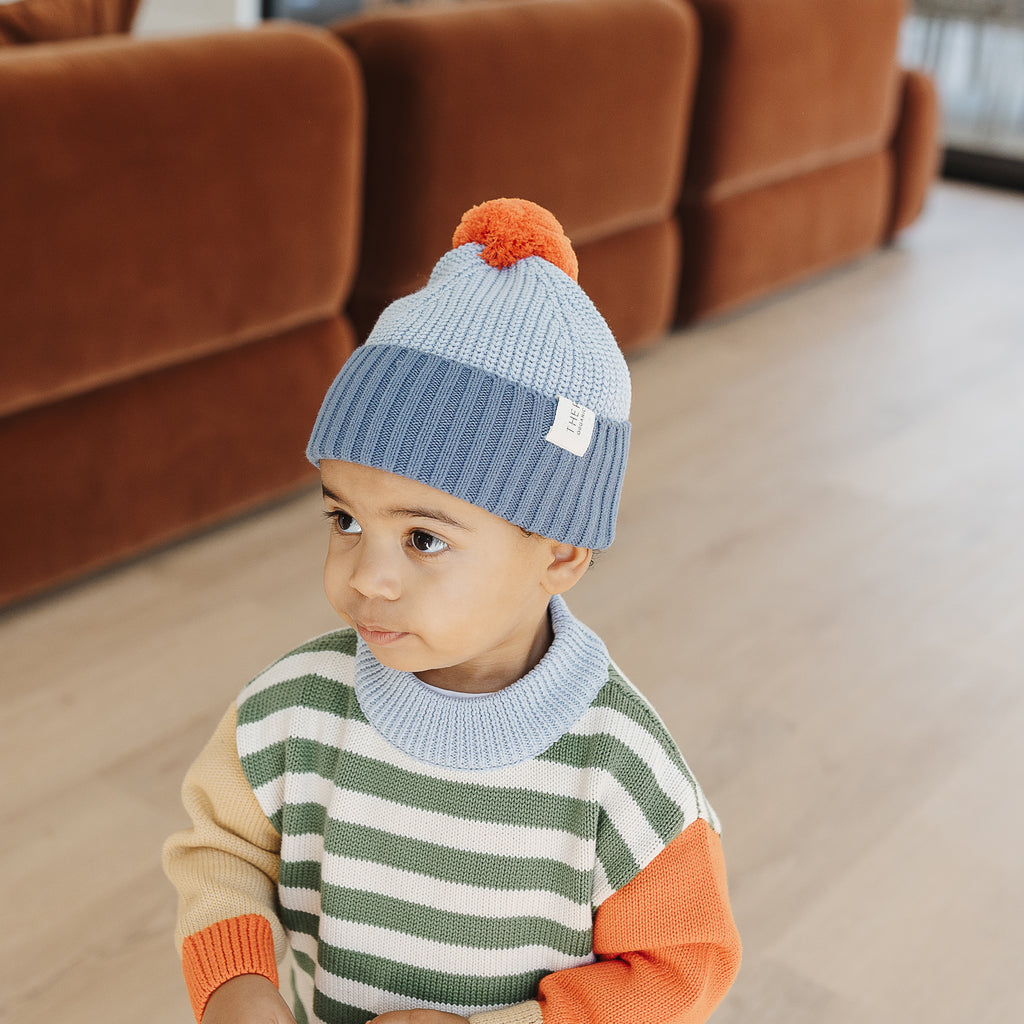Organic Cotton Chunky Colour Block Beanie - Navy Sky Tomato - The Rest