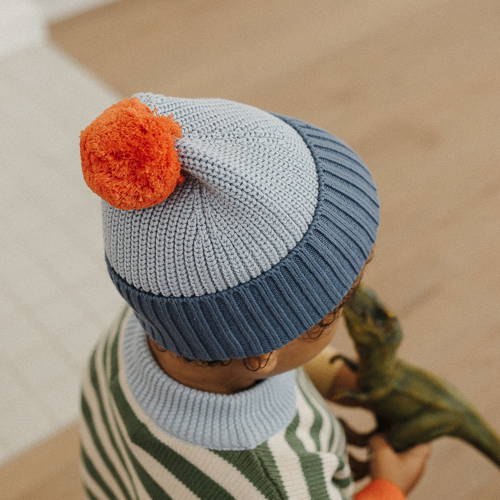 Organic Cotton Chunky Colour Block Beanie - Navy Sky Tomato - The Rest