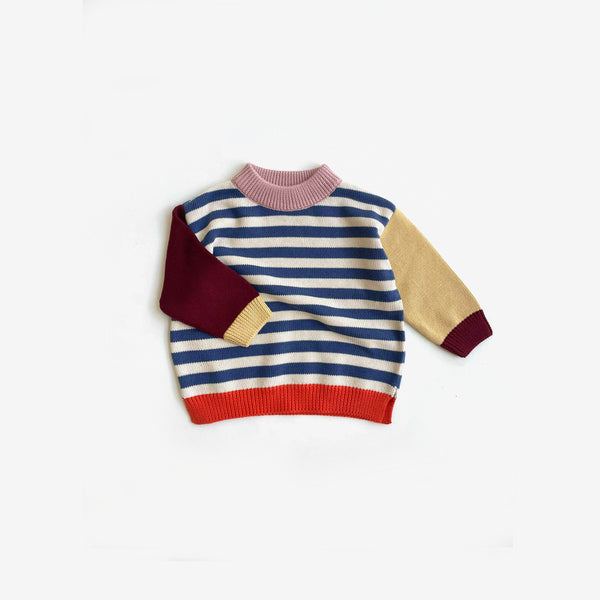 Organic Cotton Knit Jumper - Navy Stripe Colour Block - The Rest