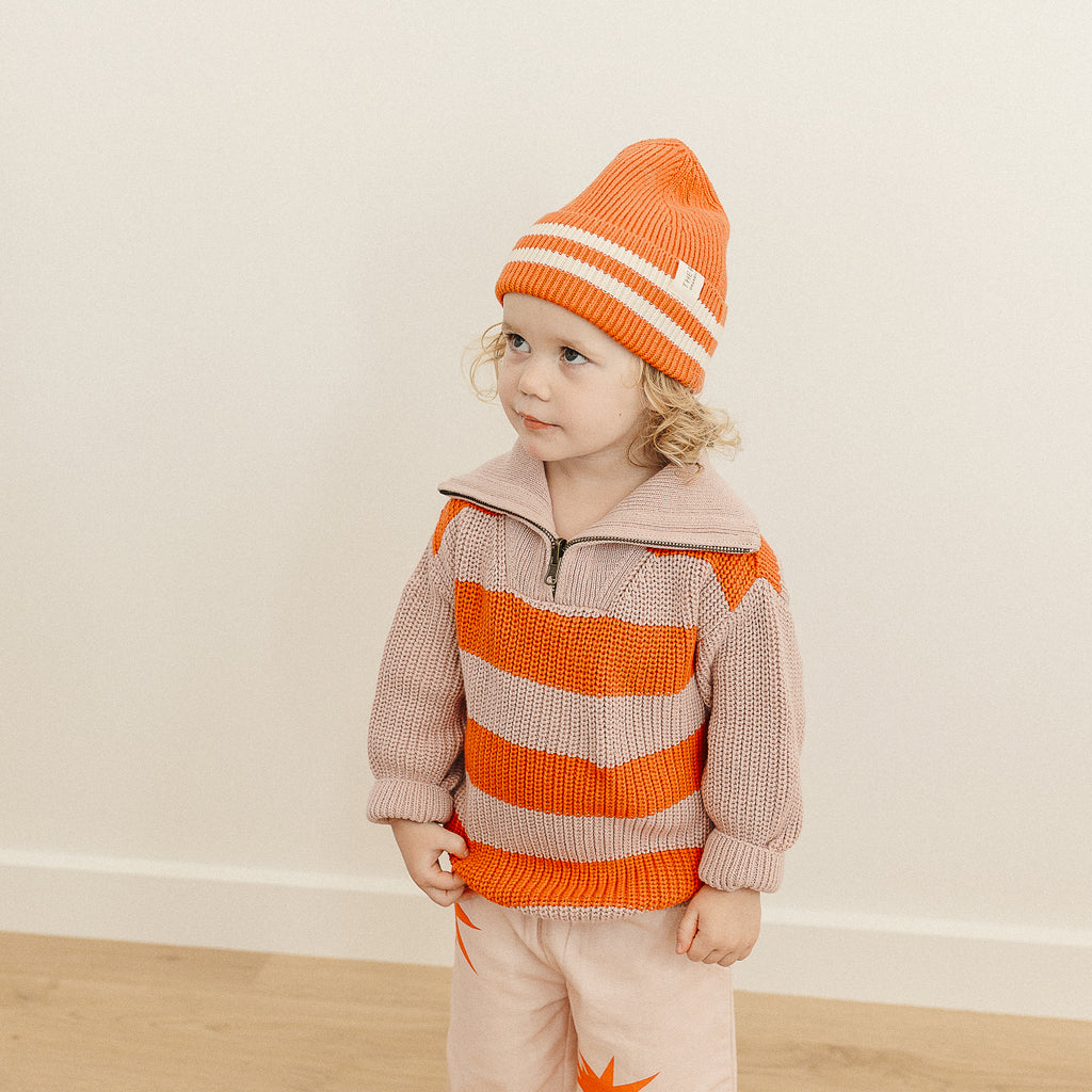 Organic Cotton Rib Beanie - Tomato Stripe - The Rest
