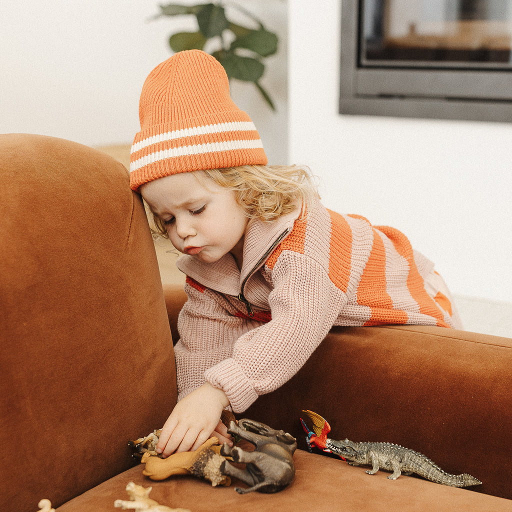 Organic Cotton Rib Beanie - Tomato Stripe - The Rest