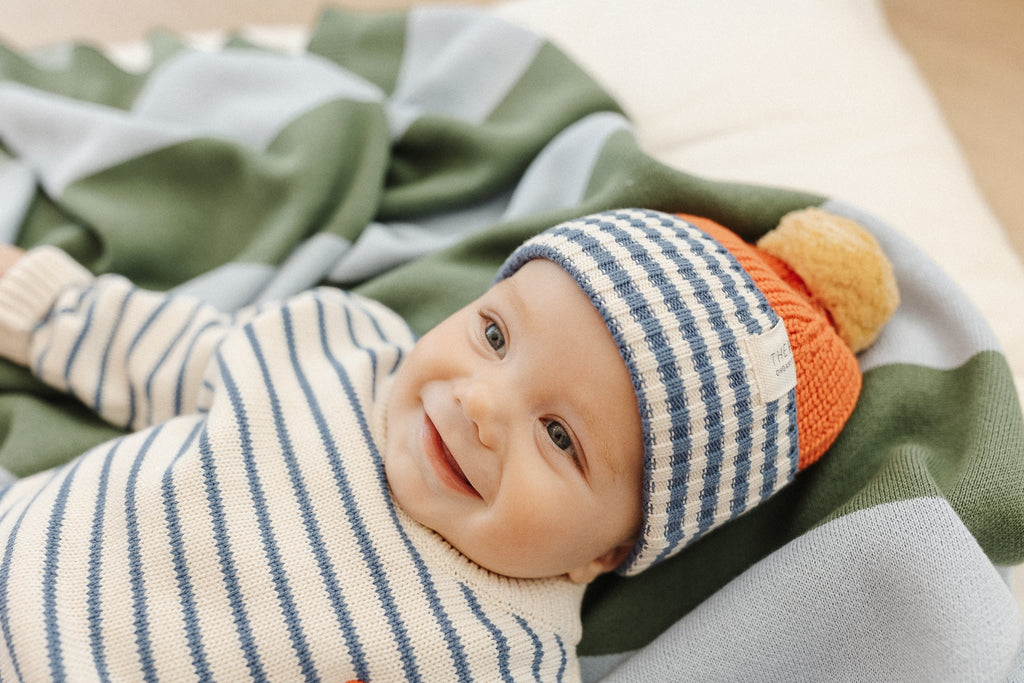 Organic Cotton Chunky Colour Block Beanie - Navy Stripe - The Rest