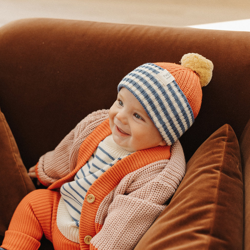 Organic Cotton Chunky Colour Block Beanie - Navy Stripe - The Rest